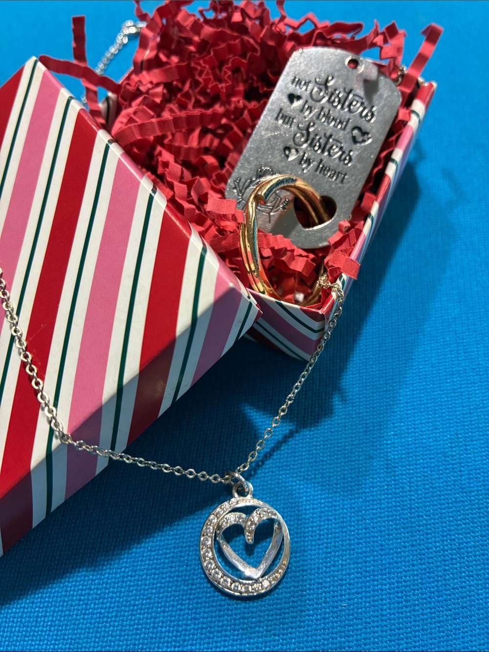 “Sisters Always” Engraved Heart Necklace With CZ Accents & Keychain Gift Set
